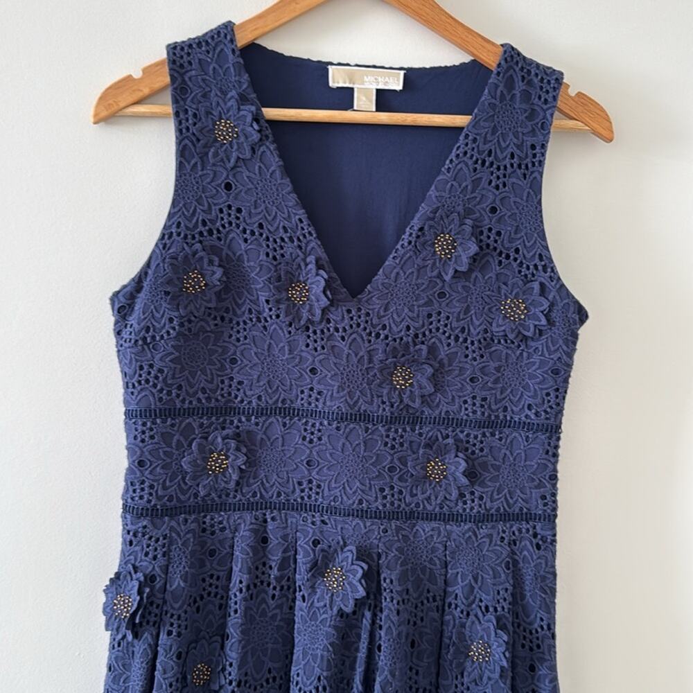 Michael Michael Kors Navy Floral Appliqué Fit & Flare Dress Blue Gold Size 6